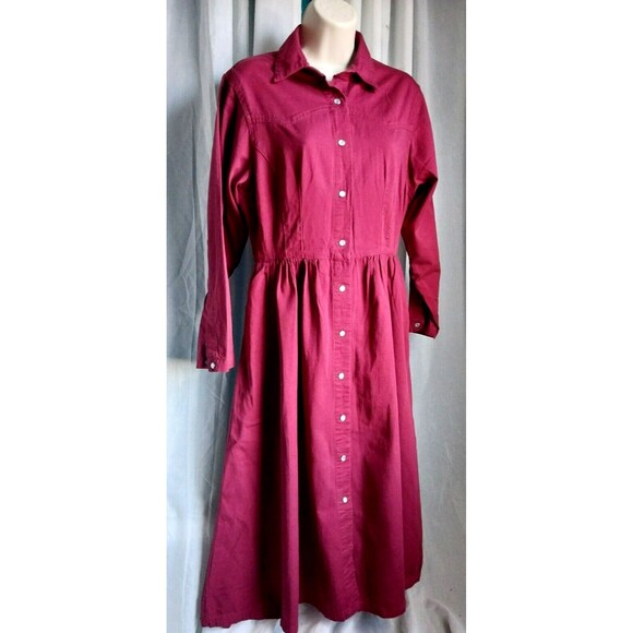 Vintage 80's Red Denim Western Style Dress Pearl Snap Button Gitano Medium - Picture 1 of 11